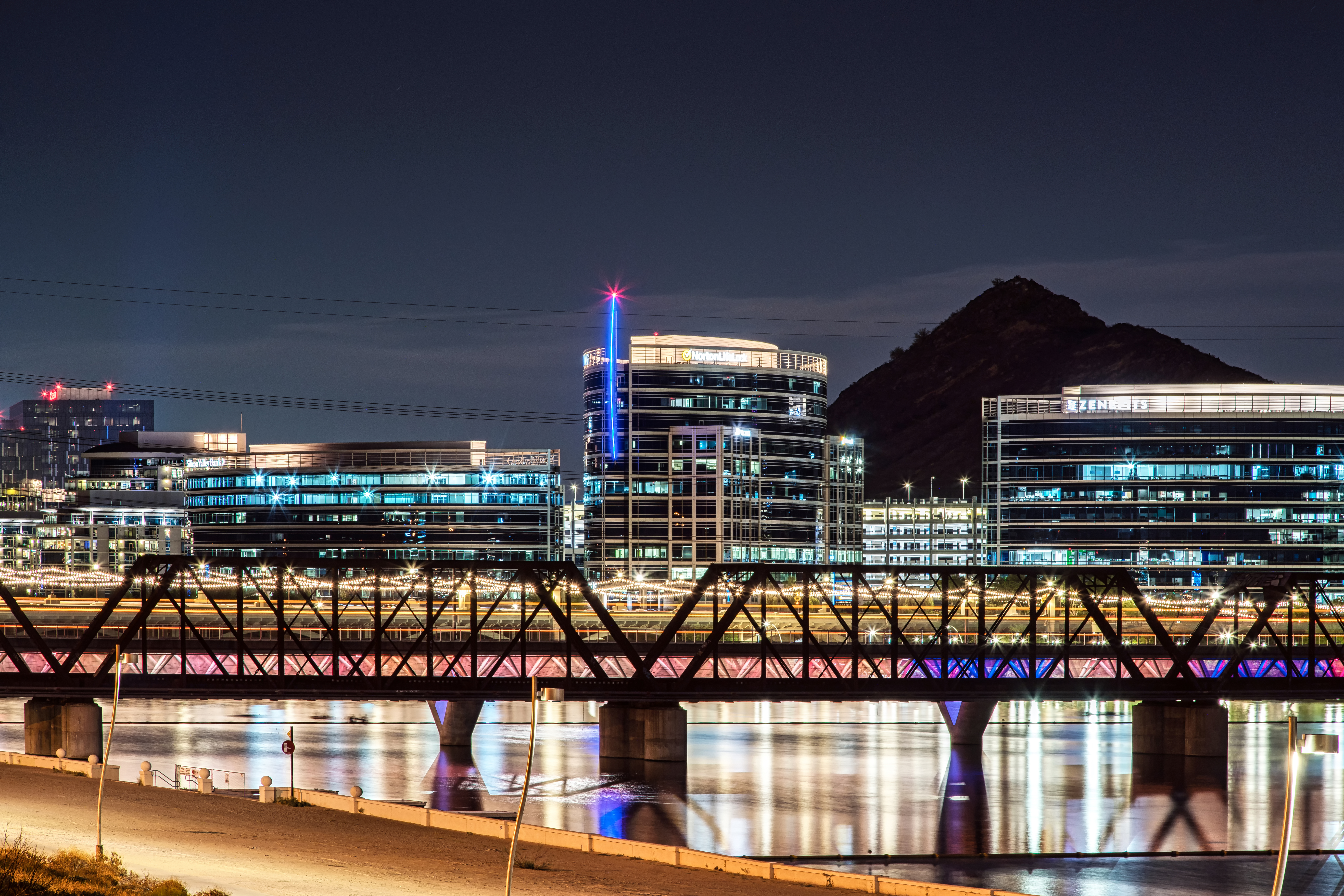 Evening view of the four bridges crossing Tempe Town Lake in Tempe, Arizona.