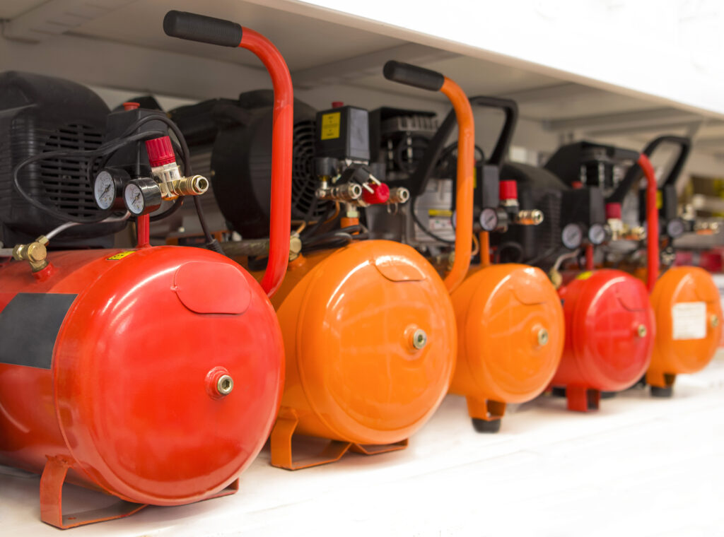 Many Air compressors pressure pumps closeup photo.